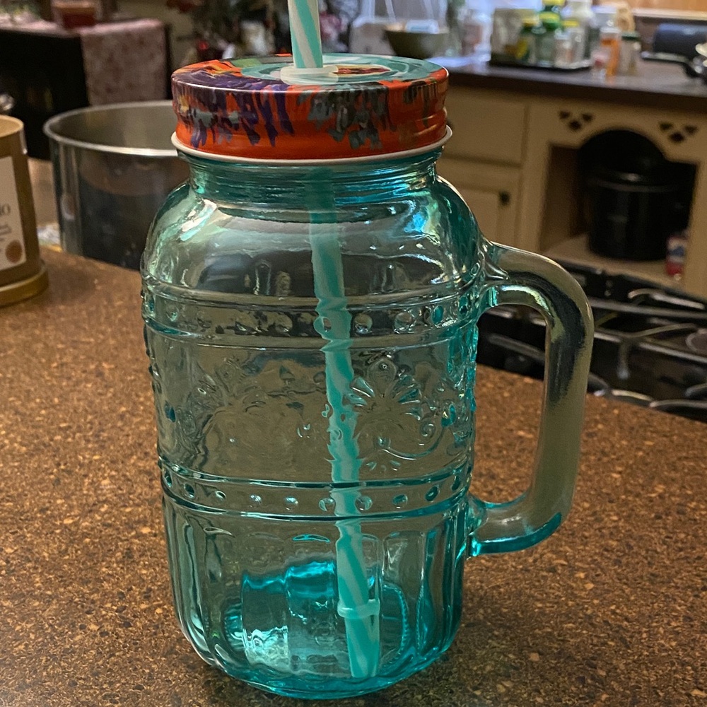 NWOT PIONEER WOMAN Aqua Glass Mason Jar with Straw